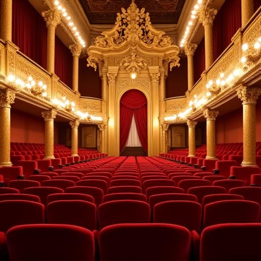 Innenansicht eines goldenen Konzertsaals vor einem klassischen Konzert.