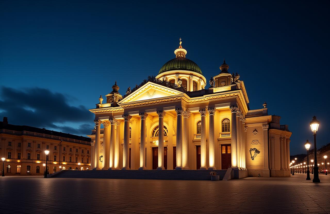 Die Wiener Staatsoper bei Nacht, prachtvoll beleuchtet.