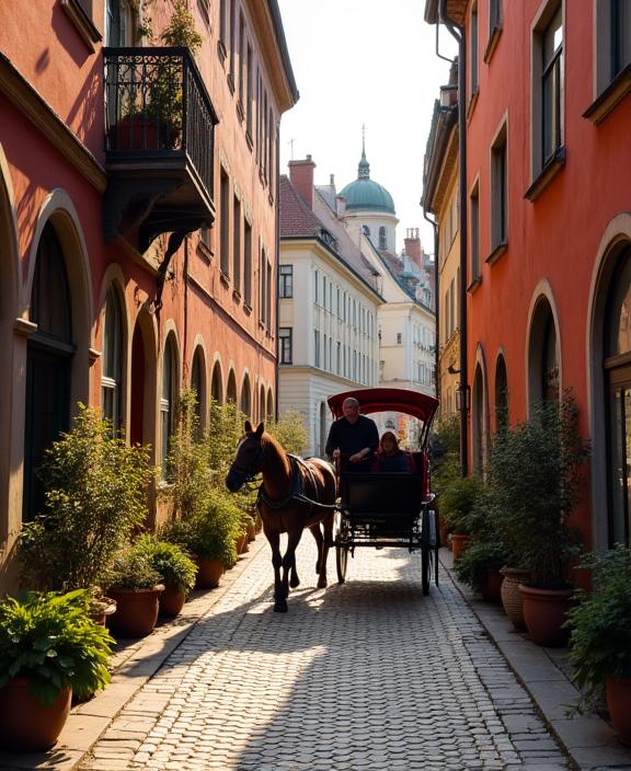 Eine charmante, alte Gasse in der Wiener Innenstadt mit Fiaker.